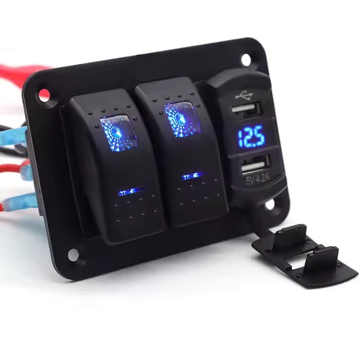 Painel 2 interruptores  + 2 USB + Voltimetro em metal 12V - Verde image 1