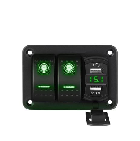 Painel 2 interruptores  + 2 USB + Voltimetro em metal 12V - Verde image 0