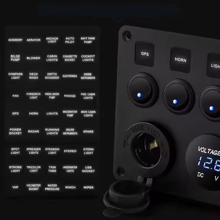 Painel de 5 interruptores + 2USB + Voltimetro 12/24V - Azul image 4