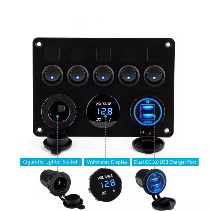 Painel de 5 interruptores + 2USB + Voltimetro 12/24V - Azul image 2