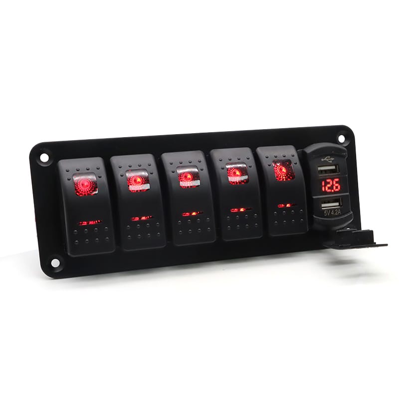 Painel de 5 interruptores com tomada USB 12/24V - Vermelho image 3