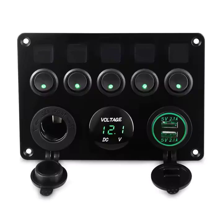 Painel de 5 interruptores + 2USB + Voltimetro 12/24V - Verde image 0