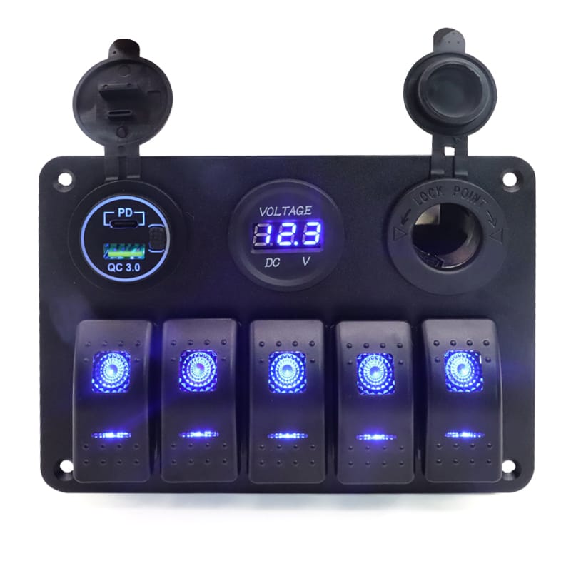 Painel de interruptores com tomada tipo C e carregador USB 12/24V - Azul image 0