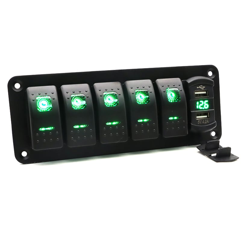 Painel de 5 interruptores com tomada USB 12/24V - Verde image 3