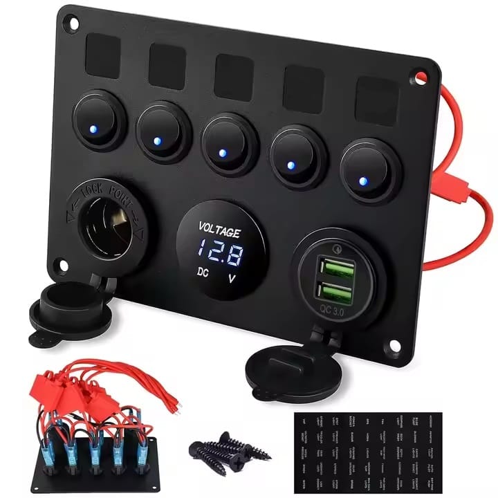 Painel de 5 interruptores + 2USB + Voltimetro 12/24V - Azul image 3