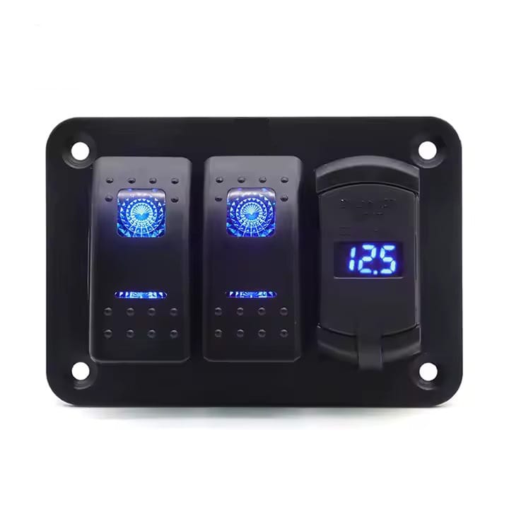 Painel 2 interruptores  + 2 USB + Voltimetro em metal 12V - Azul image 0
